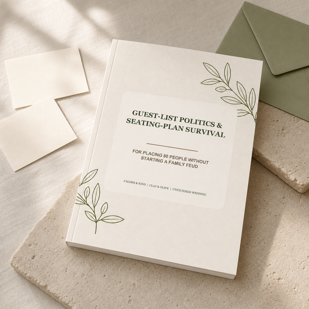 Guest-List Politics & Seating-Plan Survival - Clay & Olive Edition A5 softcover wedding workbook mockup