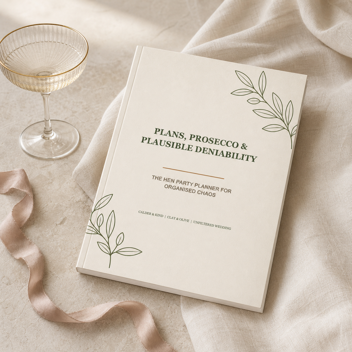 Plans, Prosecco & Plausible Deniability - Clay & Olive Edition A5 softcover wedding workbook mockup