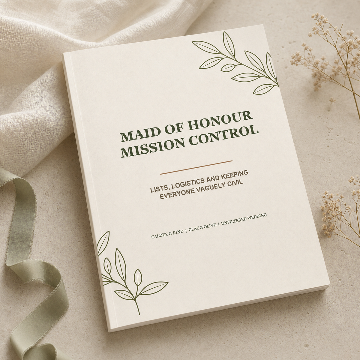 Maid Of Honour Mission Control - Clay & Olive Edition A5 softcover wedding workbook mockup
