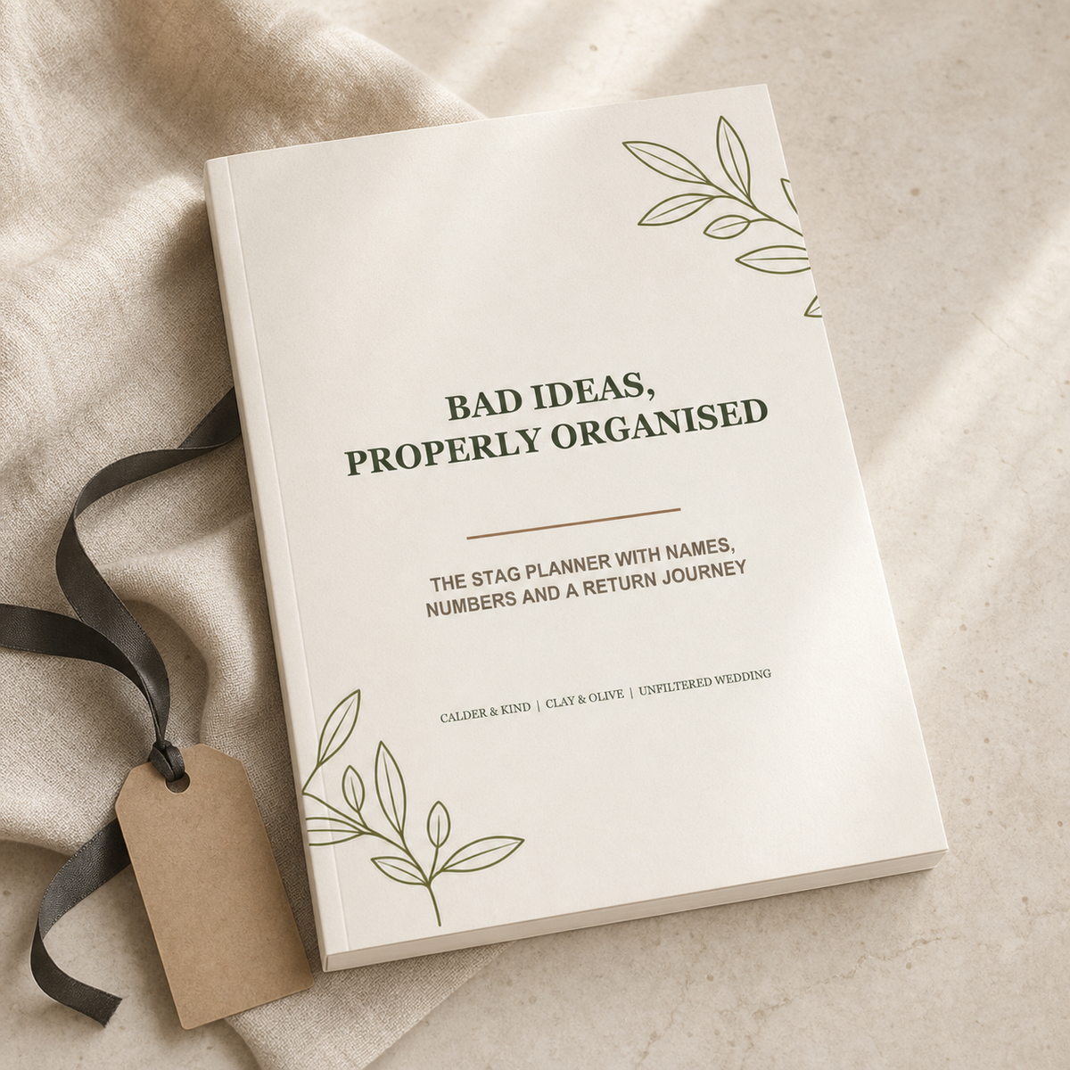 Bad Ideas, Properly Organised - Clay & Olive Edition A5 softcover wedding workbook mockup