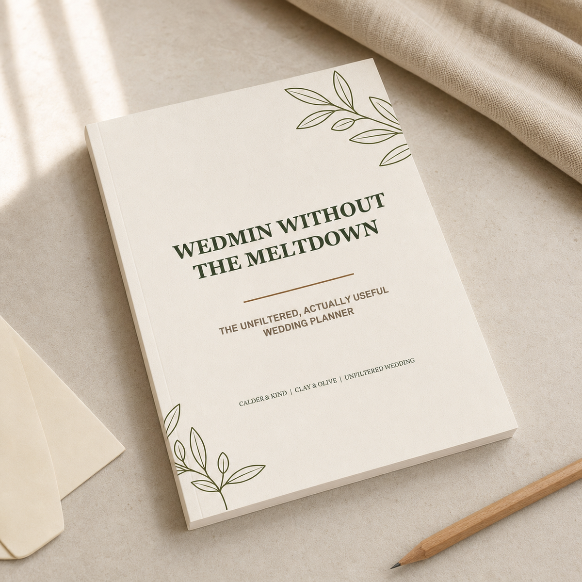 Wedmin Without The Meltdown - Clay & Olive Edition A5 softcover wedding workbook mockup