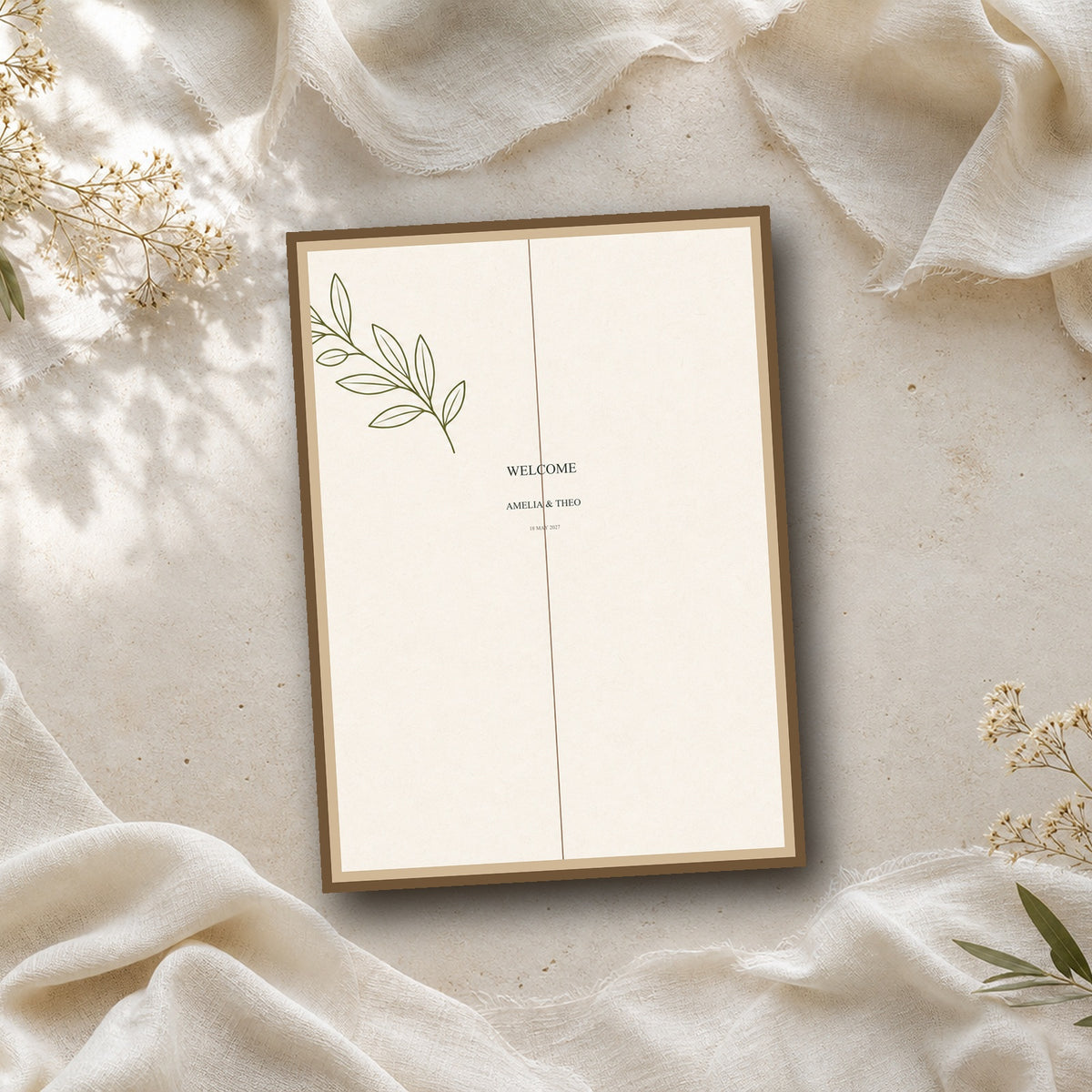 Clay & Olive personalised wedding welcome sign in a fine art print mockup