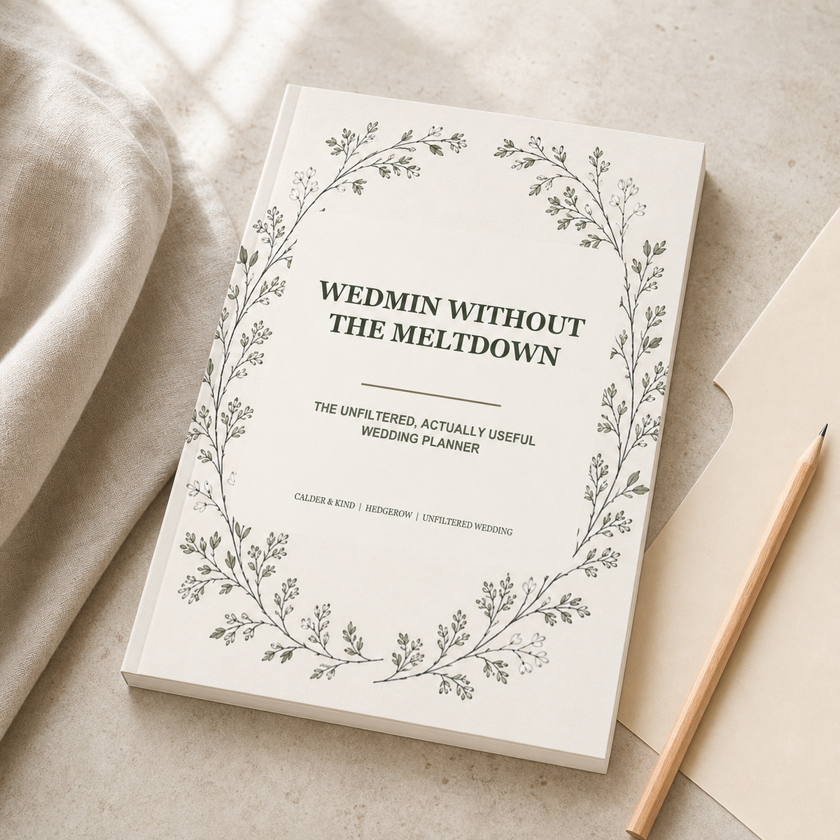 Wedmin Without The Meltdown - Hedgerow Edition A5 softcover wedding workbook mockup