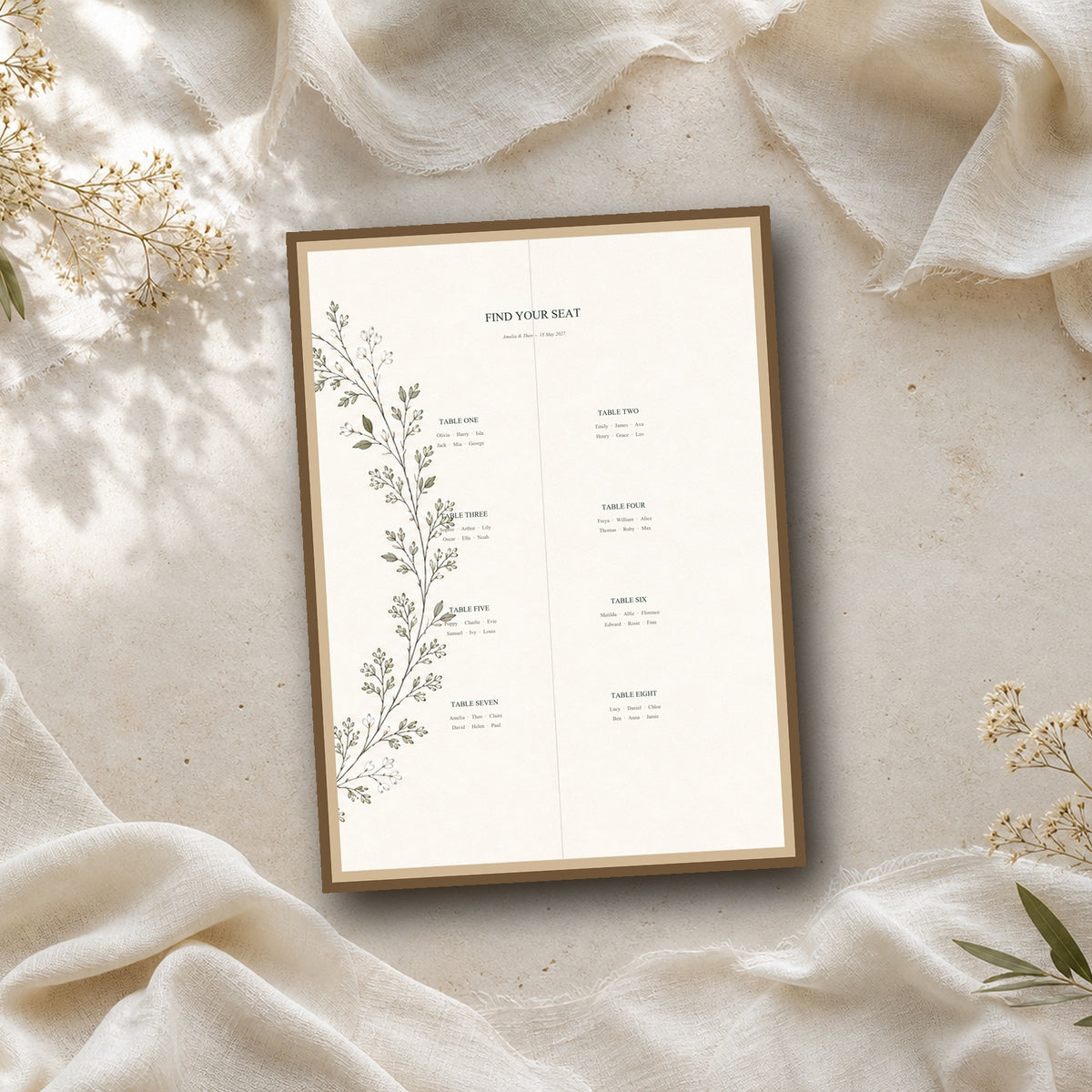 Hedgerow personalised wedding table plan in a fine art print mockup