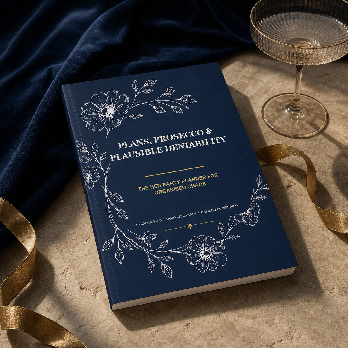 Plans, Prosecco & Plausible Deniability - Moonlit Garden Edition A5 softcover wedding workbook mockup
