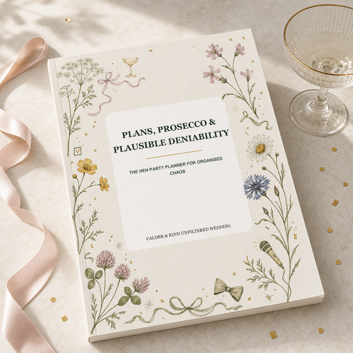Plans, Prosecco & Plausible Deniability A5 softcover wedding workbook mockup